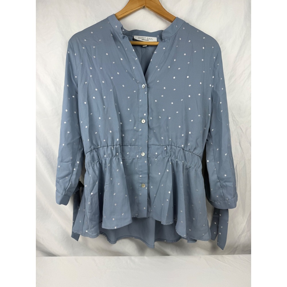 Sweet Rain M Blue Swiss Dot Peplum Blouse Boho Babydoll Top‎